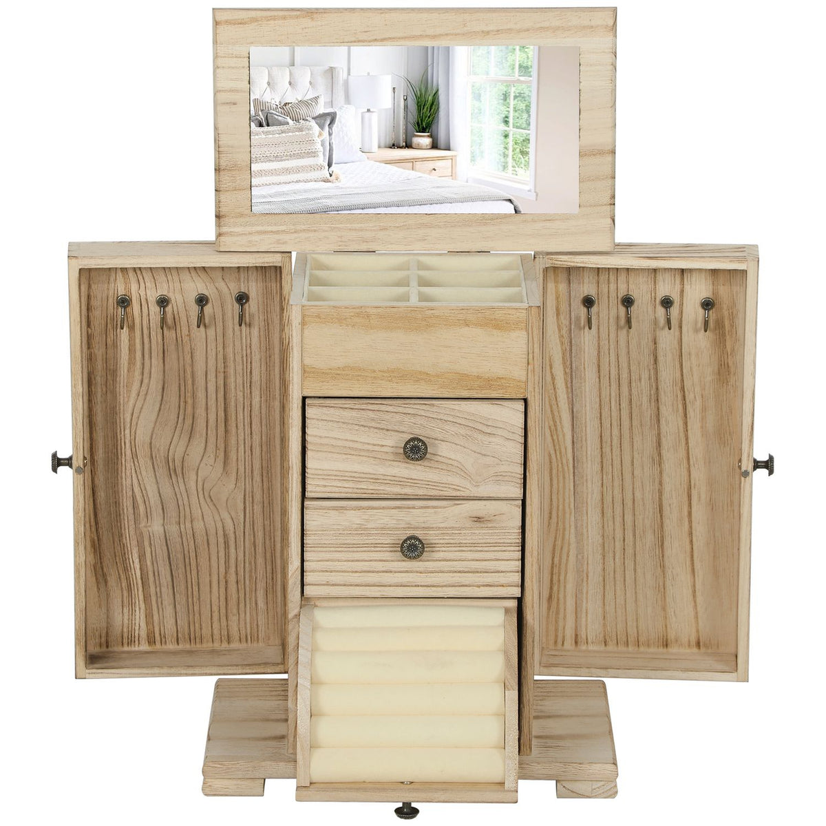 Jewelry Box with Mirror, 4-Tier, Brown Paulownia Wood