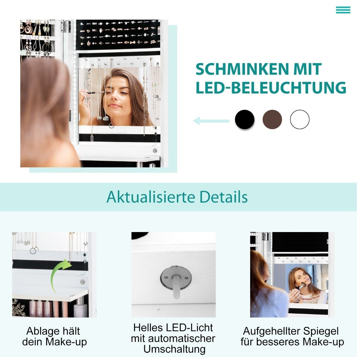 Jewelry Cabinet with LED, Full-Length Mirror, White
