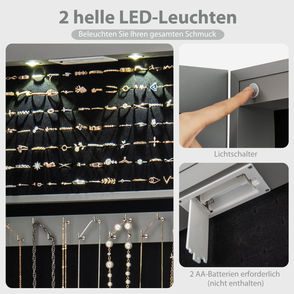 Jewelry Cabinet with LED, Mirror, Lockable, Gray