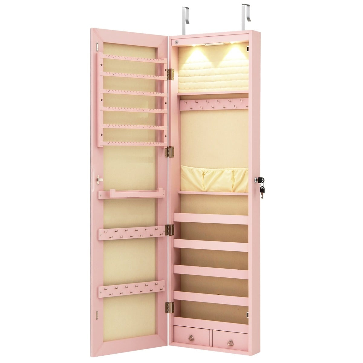 Jewelry Cabinet with Mirror, LED Lighting, Lockable, Pink