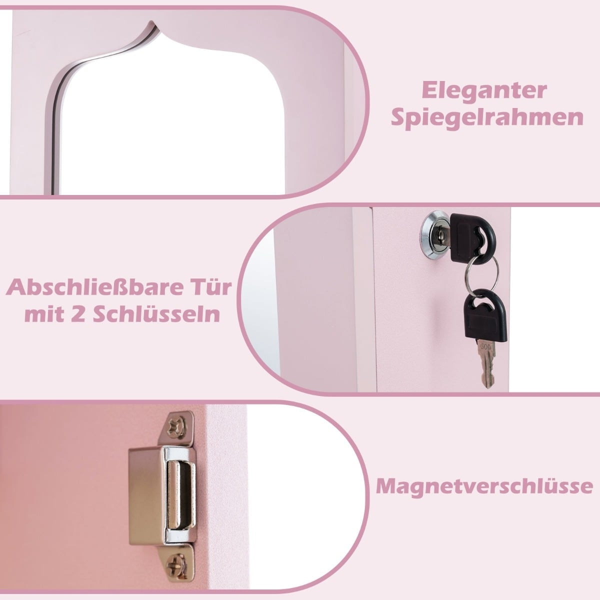 Jewelry Cabinet with Mirror, LED, Lockable, Pink