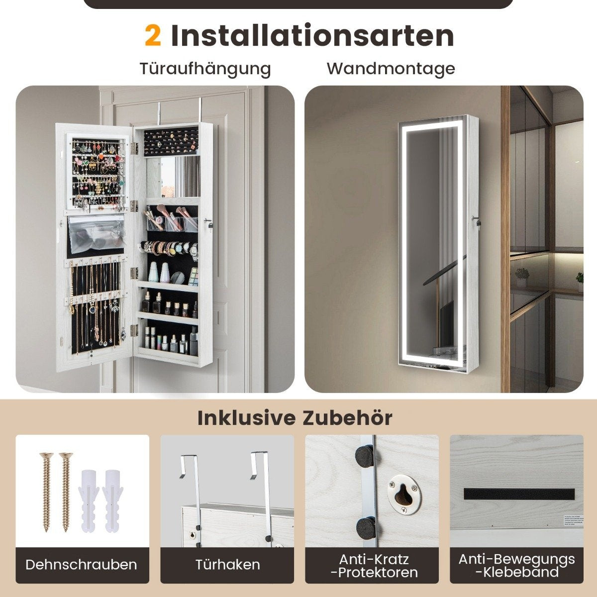 Jewelry cabinet hanging mirror cabinet lockable with three-color LED lighting white