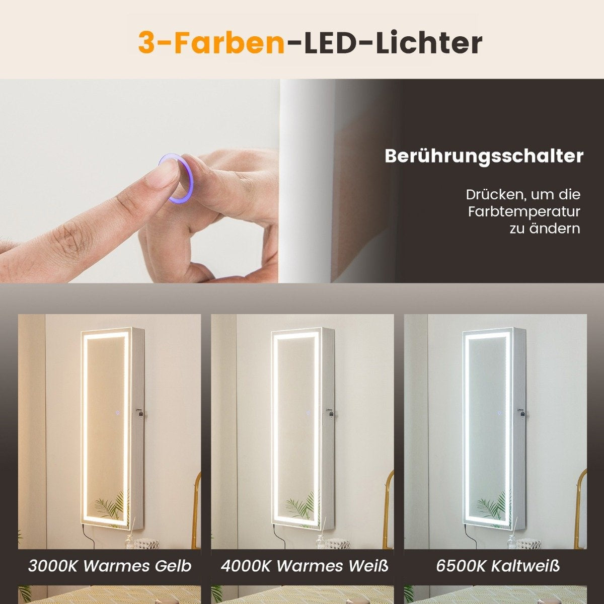 Jewelry cabinet hanging mirror cabinet lockable with three-color LED lighting white