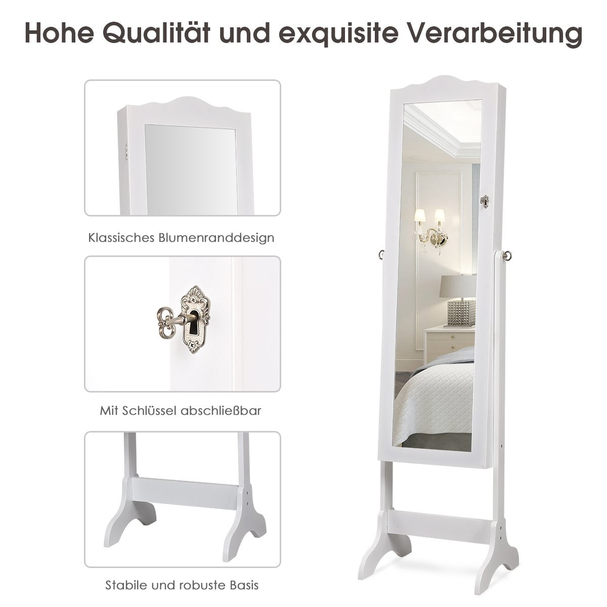 Jewelry cabinet jewelry organizer with full length mirror door 41.5 x 37 x 160 cm white