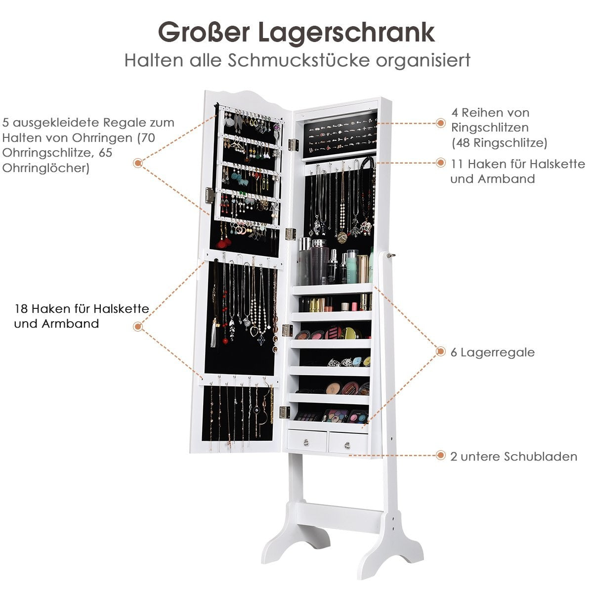 Jewelry cabinet jewelry organizer with full length mirror door 41.5 x 37 x 160 cm white