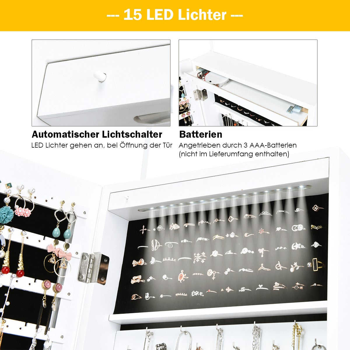 Jewelry cabinet with 15 LED jewelry shelf jewelry organizer 37 x 8.5 x 120 cm white