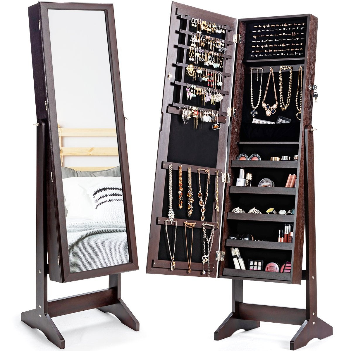 Jewelry cabinet with full-length mirror, freestanding jewelry stand, 41 x 36.5 x 146 cm, brown