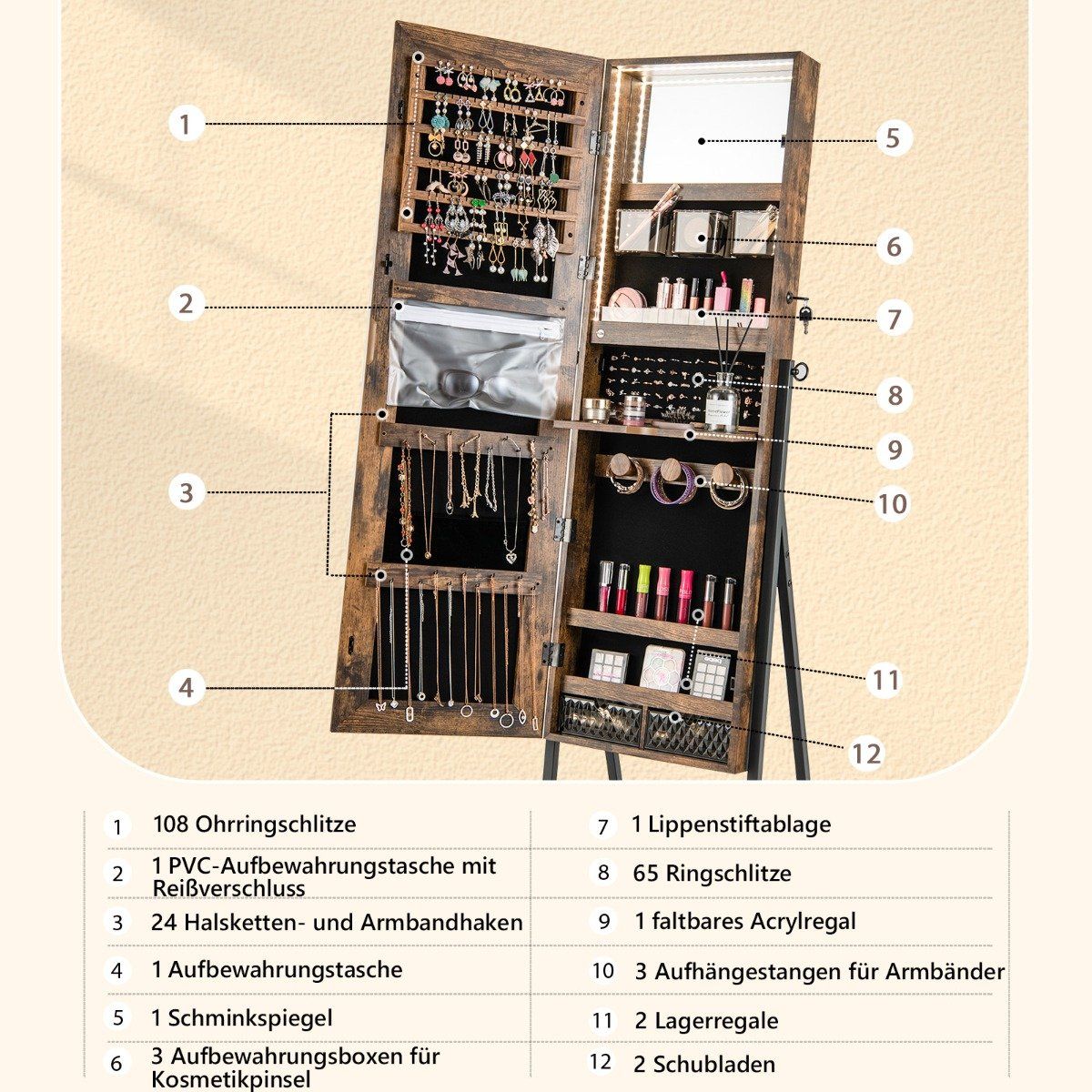 Jewelry cabinet with mirror & 3-color LED lighting 41.5 x 37 x 157 cm Rustic brown