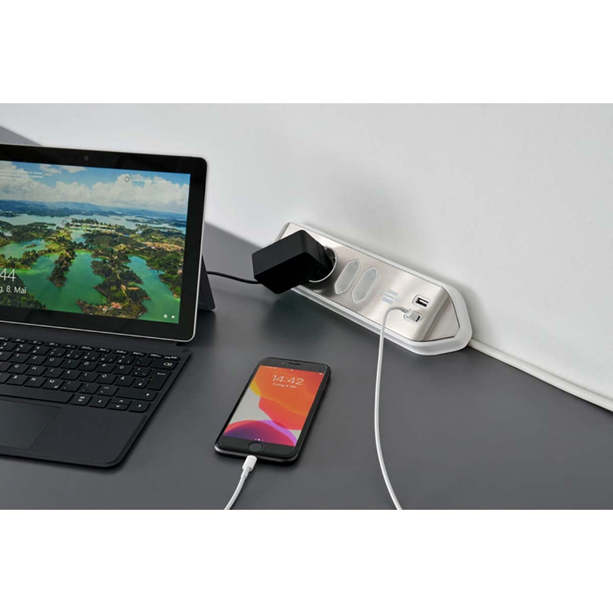 Junction box Desktop-Power 4-Way 2.00 m Silver - Grounded Contact TYPE F