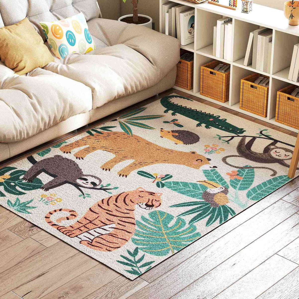 Jungle Pattern Fleece Rug, Non-Slip, Cream & Multicolor