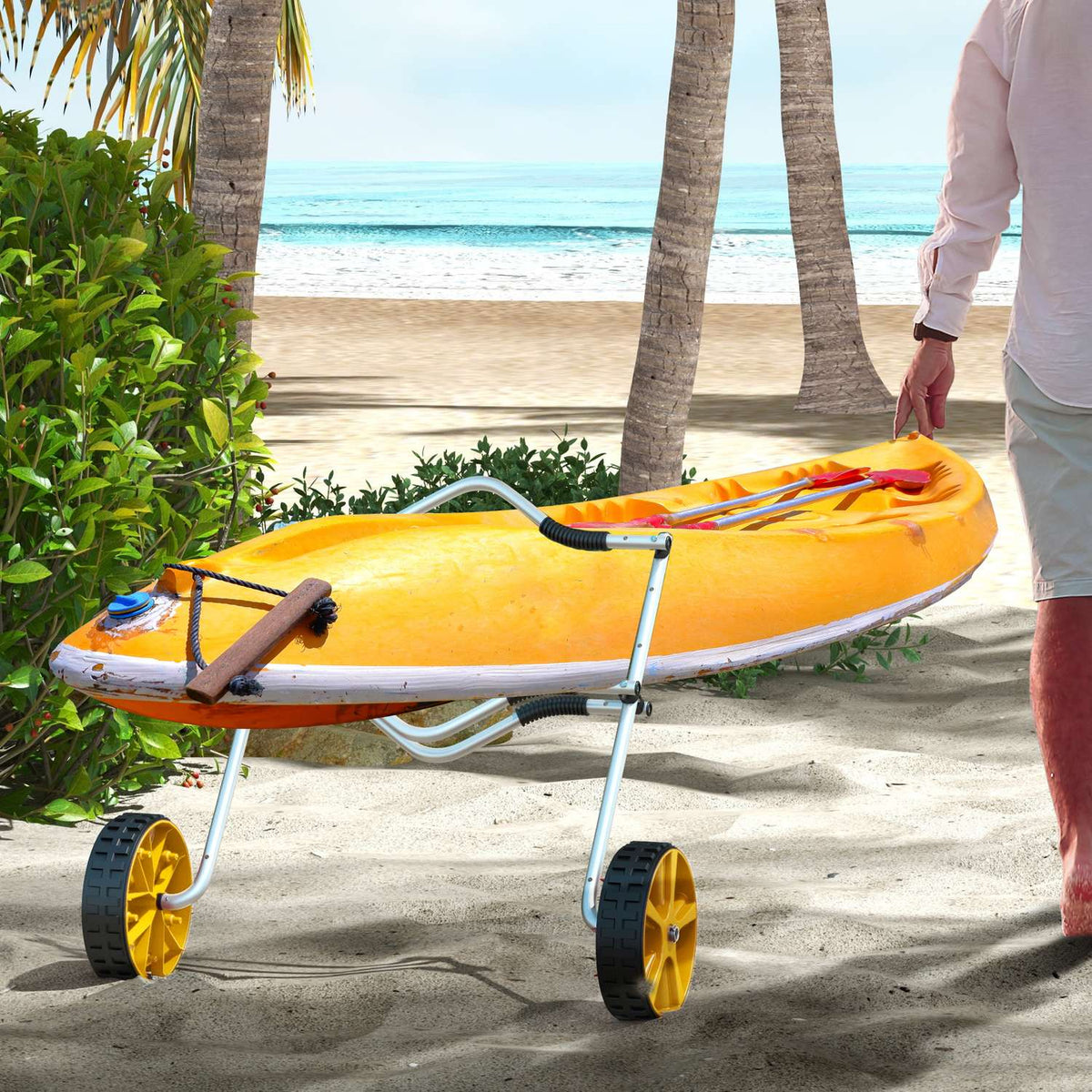 Kayak Cart, Adjustable Canoe Cart, Boat Cart, Surf Cart, Boat Trailer With Tension Strap For Canoe, Surfboard, Paddle Boards, Aluminum, Yellow