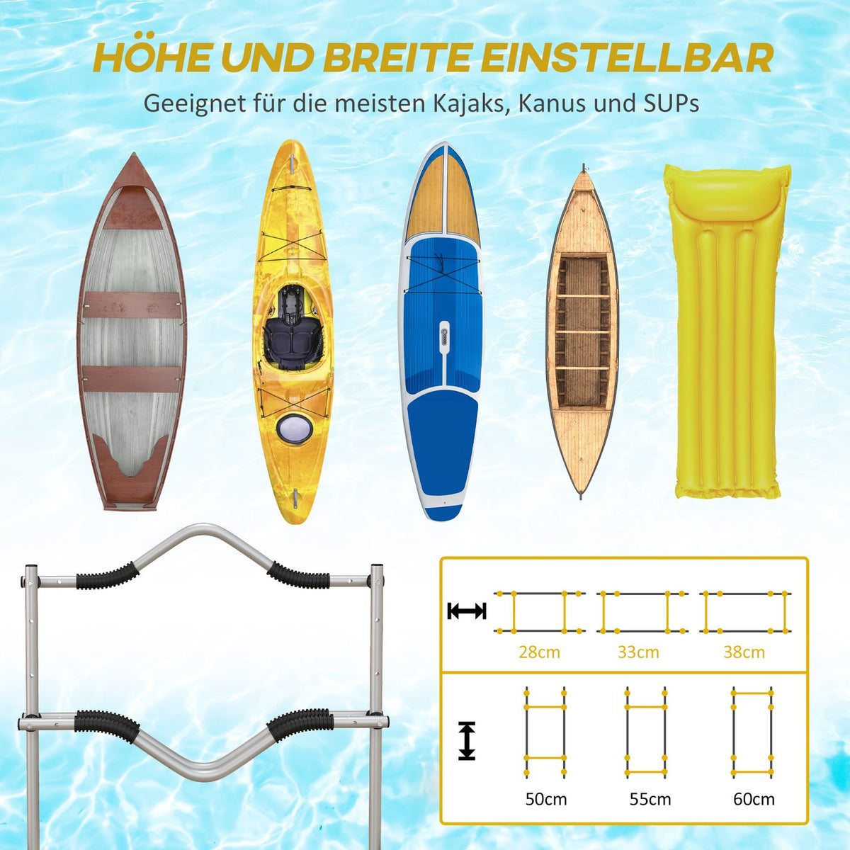 Kayak Cart, Adjustable Canoe Cart, Boat Cart, Surf Cart, Boat Trailer With Tension Strap For Canoe, Surfboard, Paddle Boards, Aluminum, Yellow