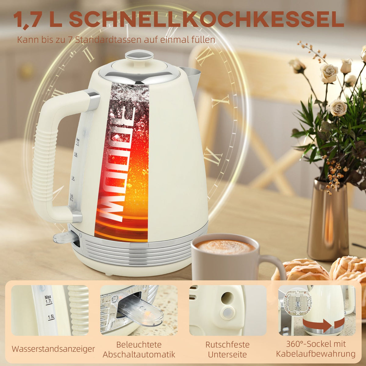 Kettle & Toaster Set, 1.7L, 2200W, 4-Slot, 7 Browning Levels