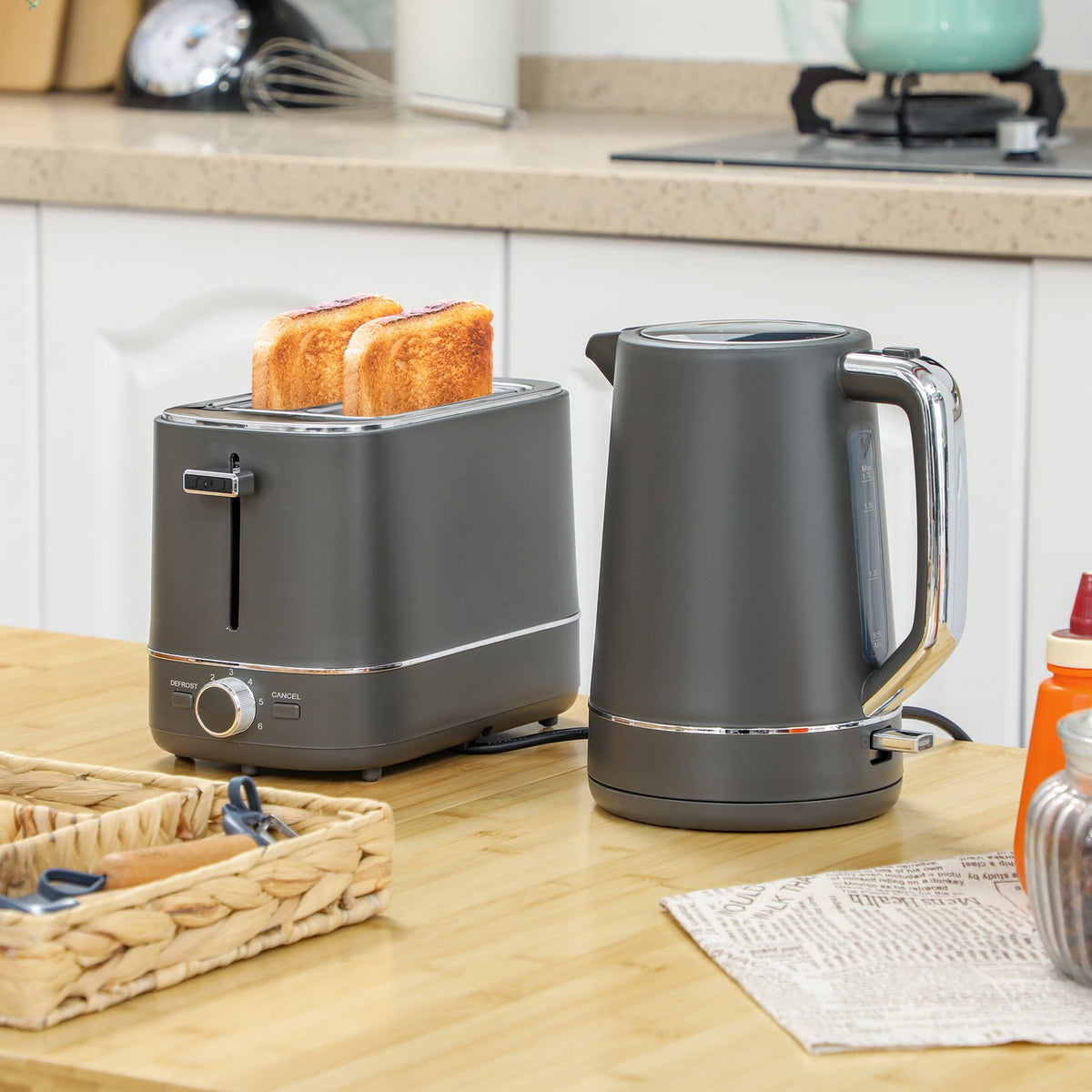Kettle & Toaster Set, 1.7L, 6 Browning Levels, Gray