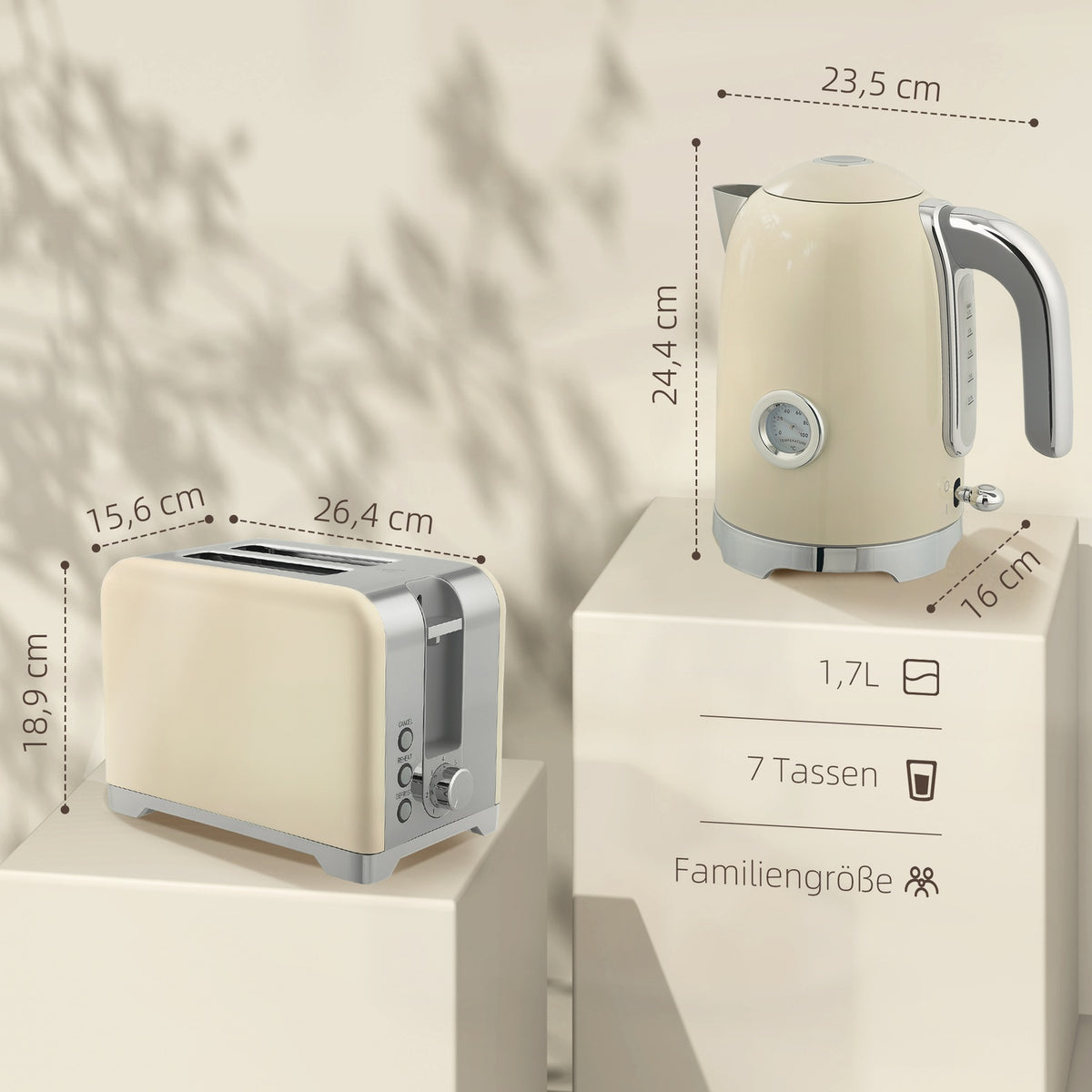 Kettle & Toaster Set, 2200W, 7 Browning Levels, Cream