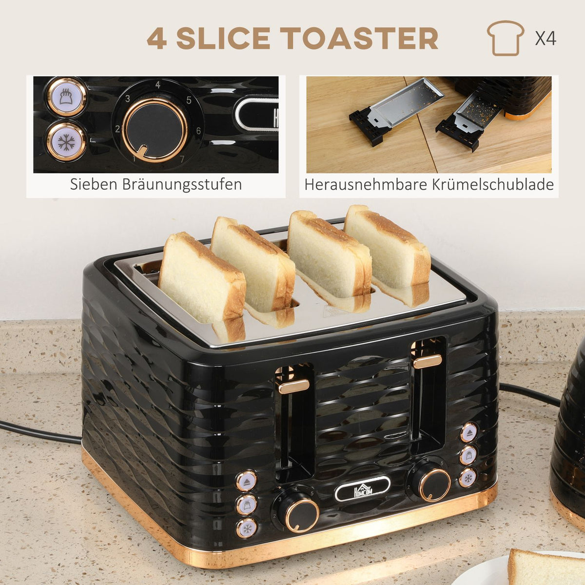 Kettle Toaster Set Breakfast Set with 1.7L Kettle, 4 Slice Toaster, 2200 W, 7 Browning Levels, Defrosting, Reheating and Crumb Compartment, Otter Thermostat, Black |