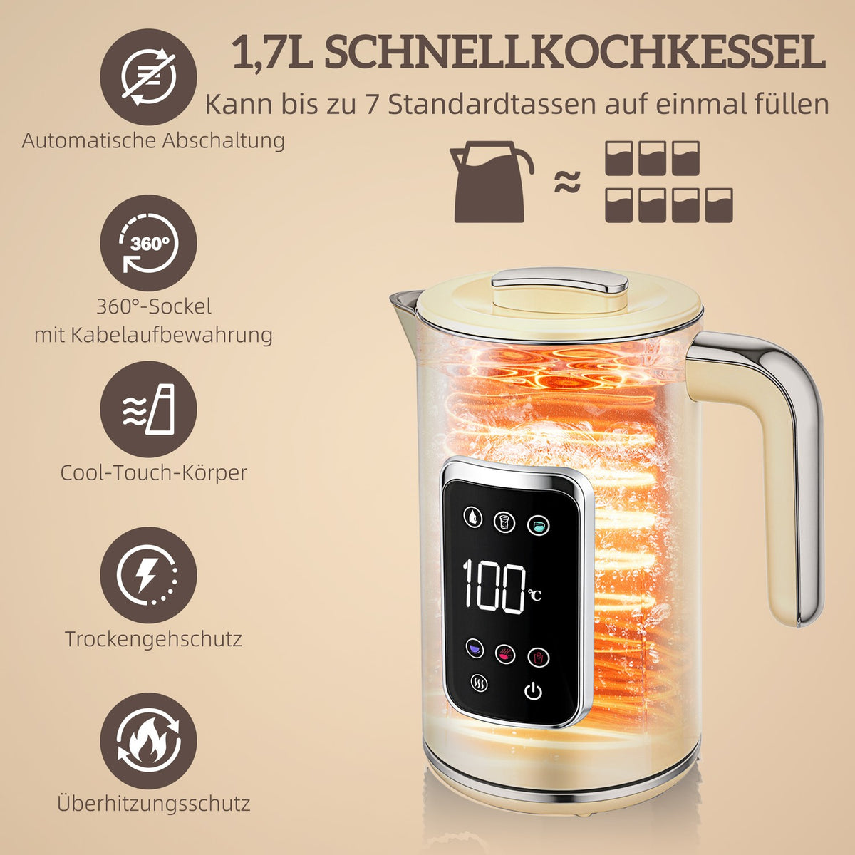 Kettle & Toaster Set, LED Touch, 1.7L, 2 Slots, Cream
