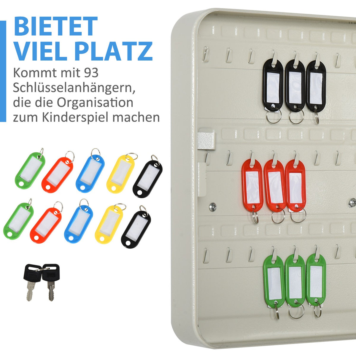 Key Cabinet Key Box With 93 Hooks, Lockable, Steel, Cream White, 30X24X7.5Cm