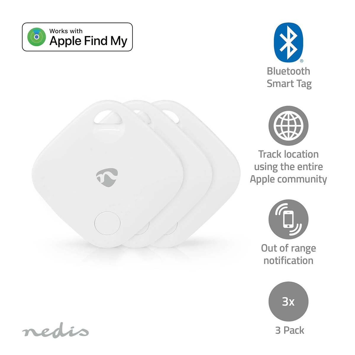 Key Finder | Compatible with: Apple Find My App | Battery powered | 3x CR2032 | batteries included | Bluetooth® version: 5.1 | Battery life up to: 1 year | White | 3 pcs.