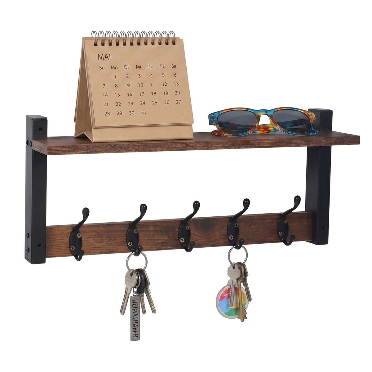 Key Rack with 5 Hooks & Tray, Dark Brown MDF