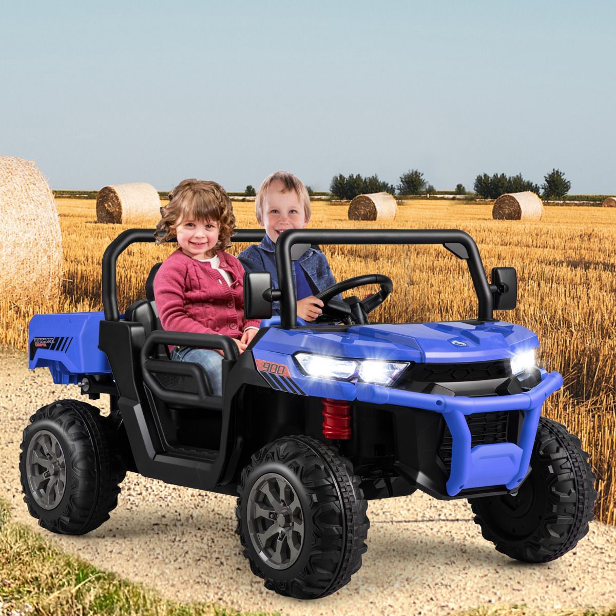Kids 12V Ride-On Dump Truck, 2-Seater, Remote, Blue