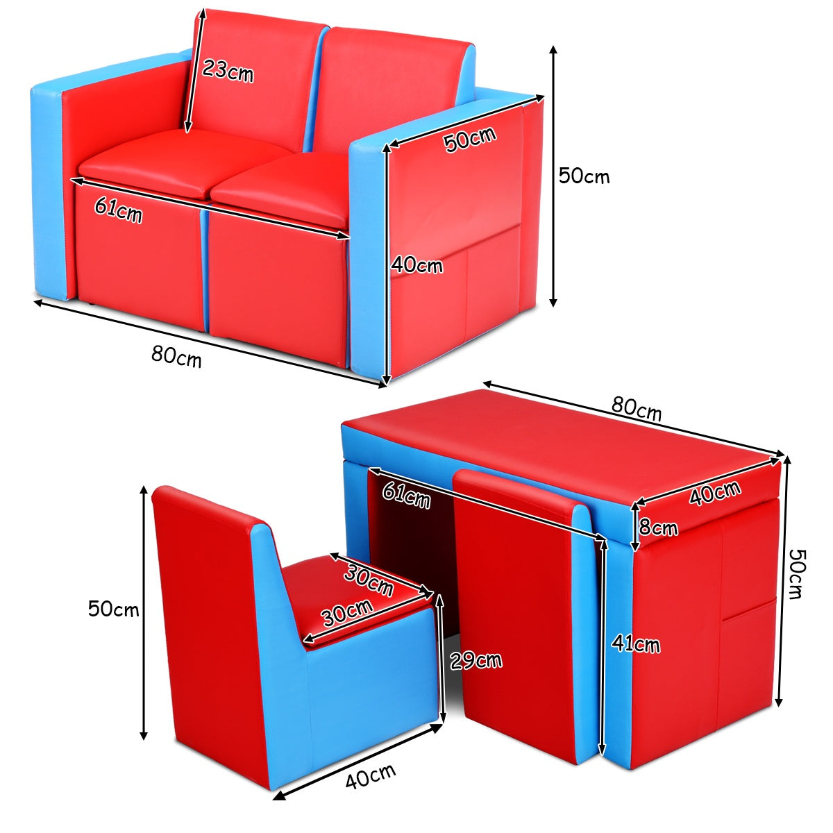 Kids 2-In-1 Sofa Set, Storage, Wooden Frame, Red