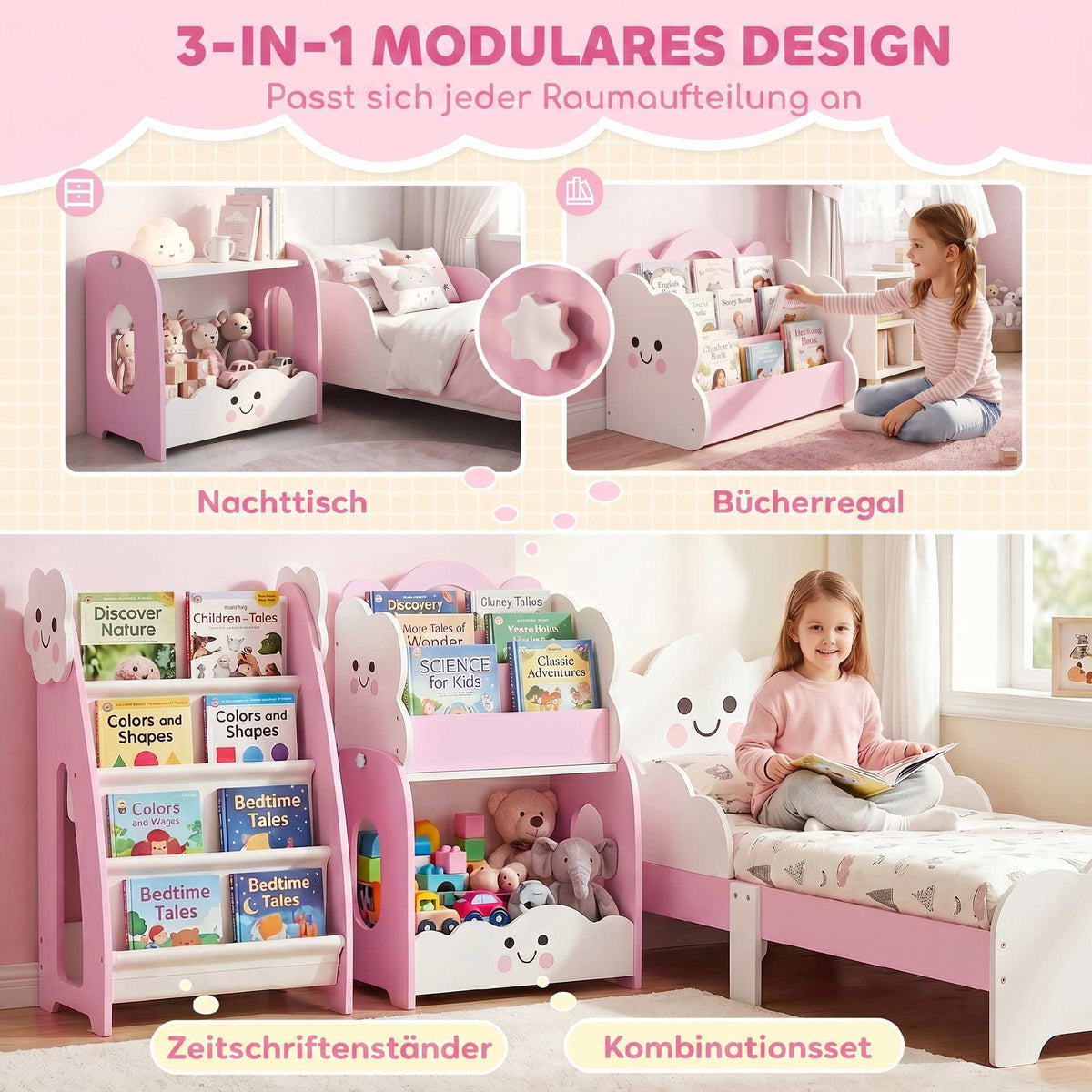 Kids 3-In-1 Toy Storage Shelf, Bookshelf Nightstand, Pink