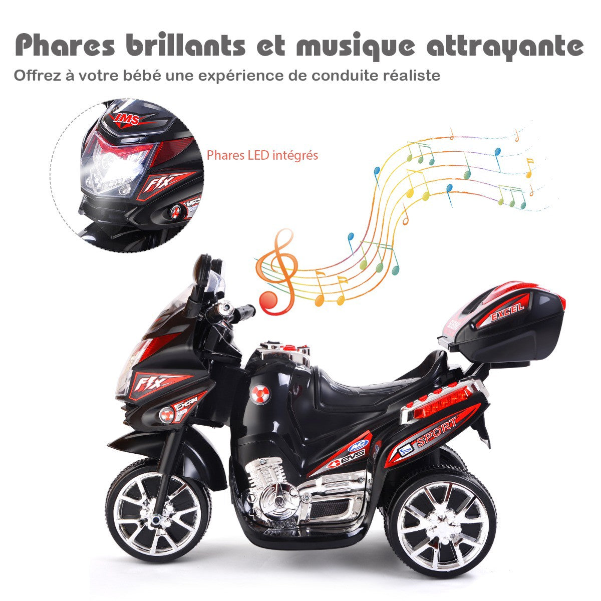 Kids 6V Electric Motorcycle, 3-Wheel, Music, LED