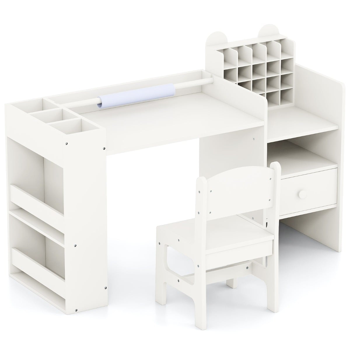 Kids Art Desk & Chair Set with Paper Roll Holder, White