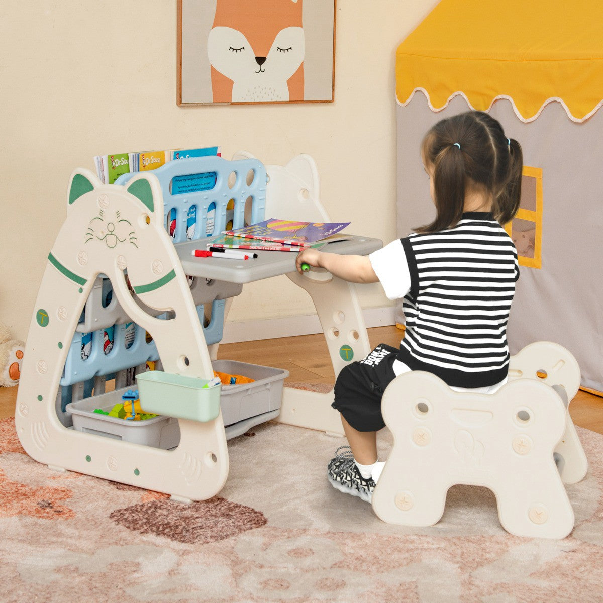 Kids Art Easel With Stool – 3-In-1 Magnetic Dry Erase Book Rack