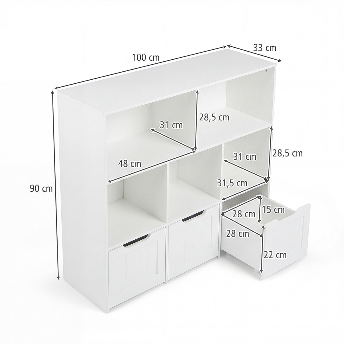 Kids Bookcase Organizer, 5 Cubes, 3 Rolling Drawers, White