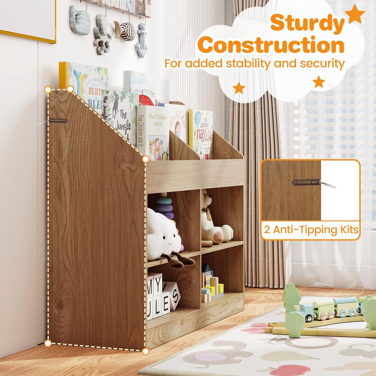 Kids Bookshelf, 3-Tier Display Rack, 4 Compartments