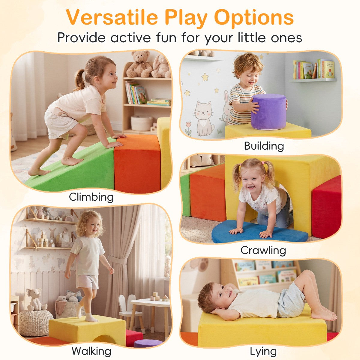 Kids Climbing Foam Blocks Set, 6-Piece, Slide, Velvet Cover, Red