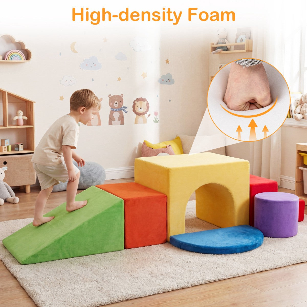 Kids Climbing Foam Blocks Set, 6-Piece, Slide, Velvet Cover, Red