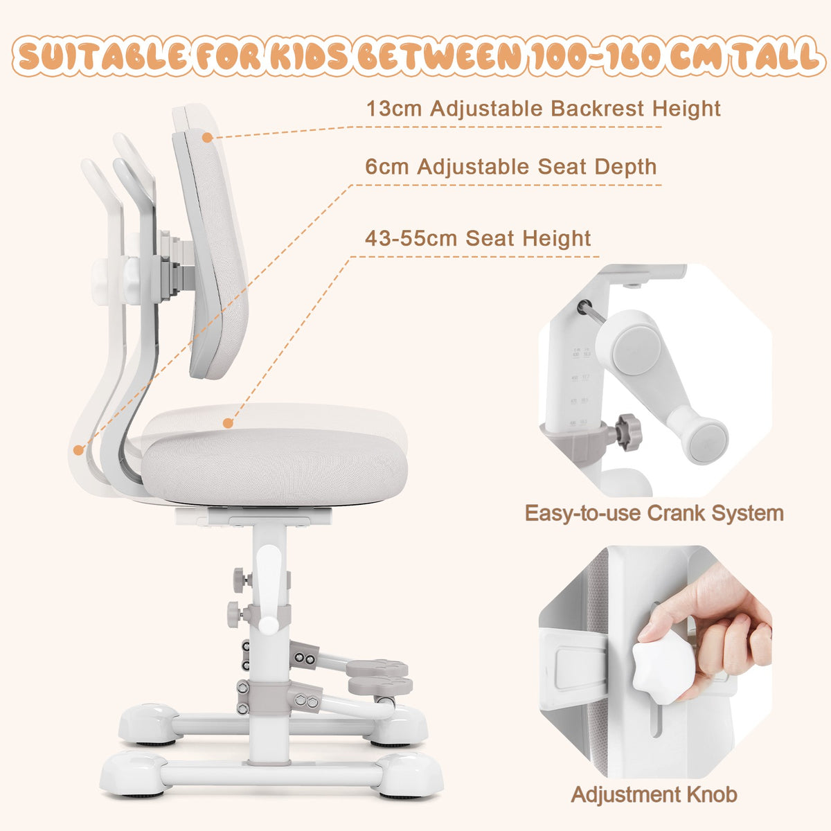 Kids Desk Chair, Adjustable Backrest and Footrest, Grey