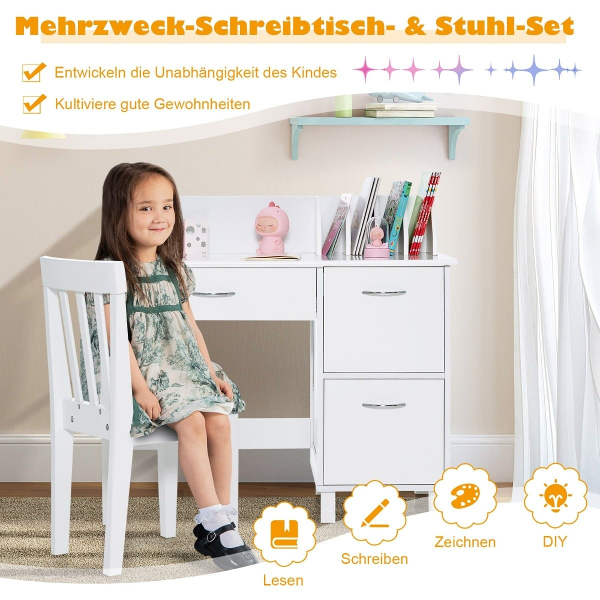 Kids Desk and Chair Set, Wood, White, Storage Options
