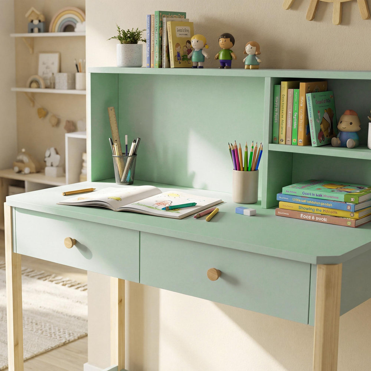Kids Desk with Storage, Green & Natural, 90x52x105 cm