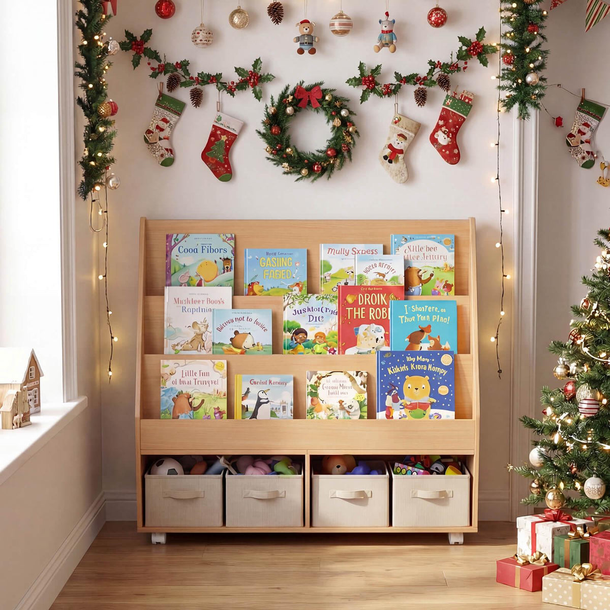 Kids Double-Sided Bookshelf on Wheels with Chalkboard