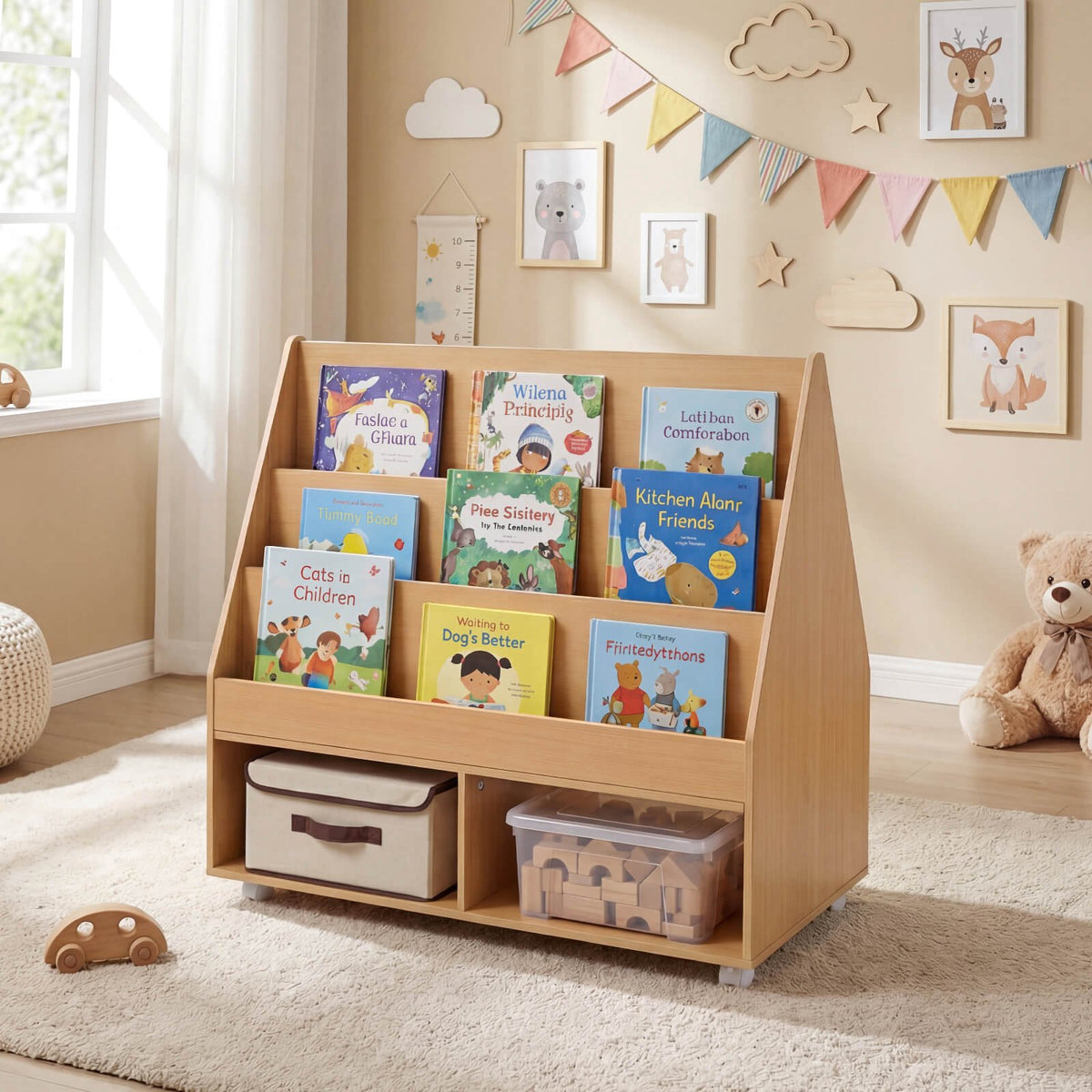 Kids Double-Sided Bookshelf on Wheels with Chalkboard