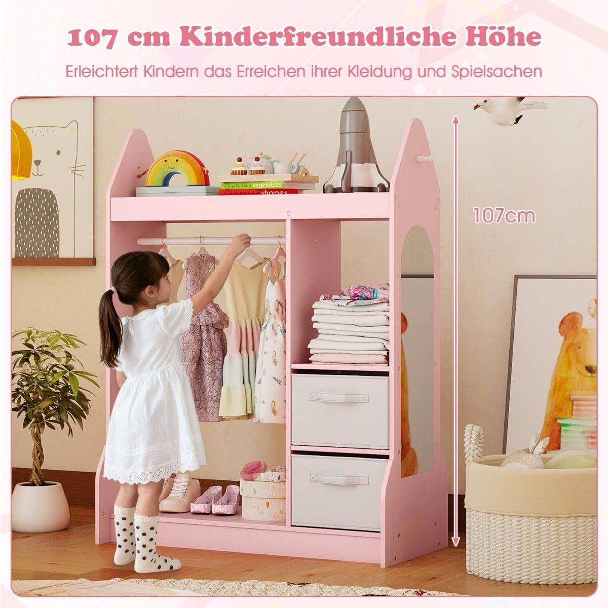 Kids Dress-Up Wardrobe with Mirror – Pink, 107cm