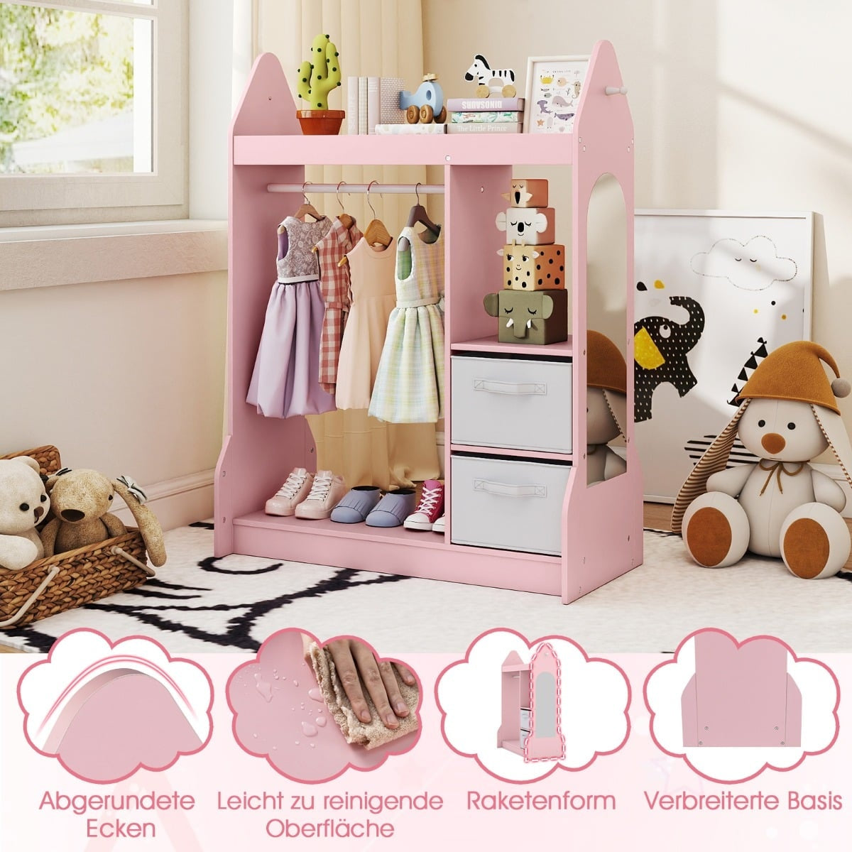 Kids Dress-Up Wardrobe with Mirror – Pink, 107cm