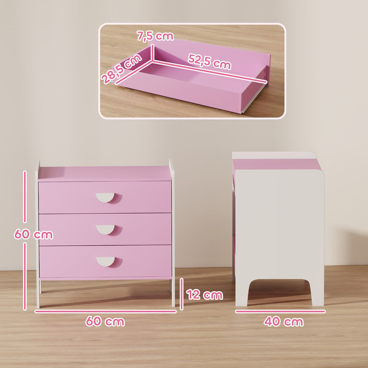 Kids' Dresser with 3 Drawers, MDF, Pink and White