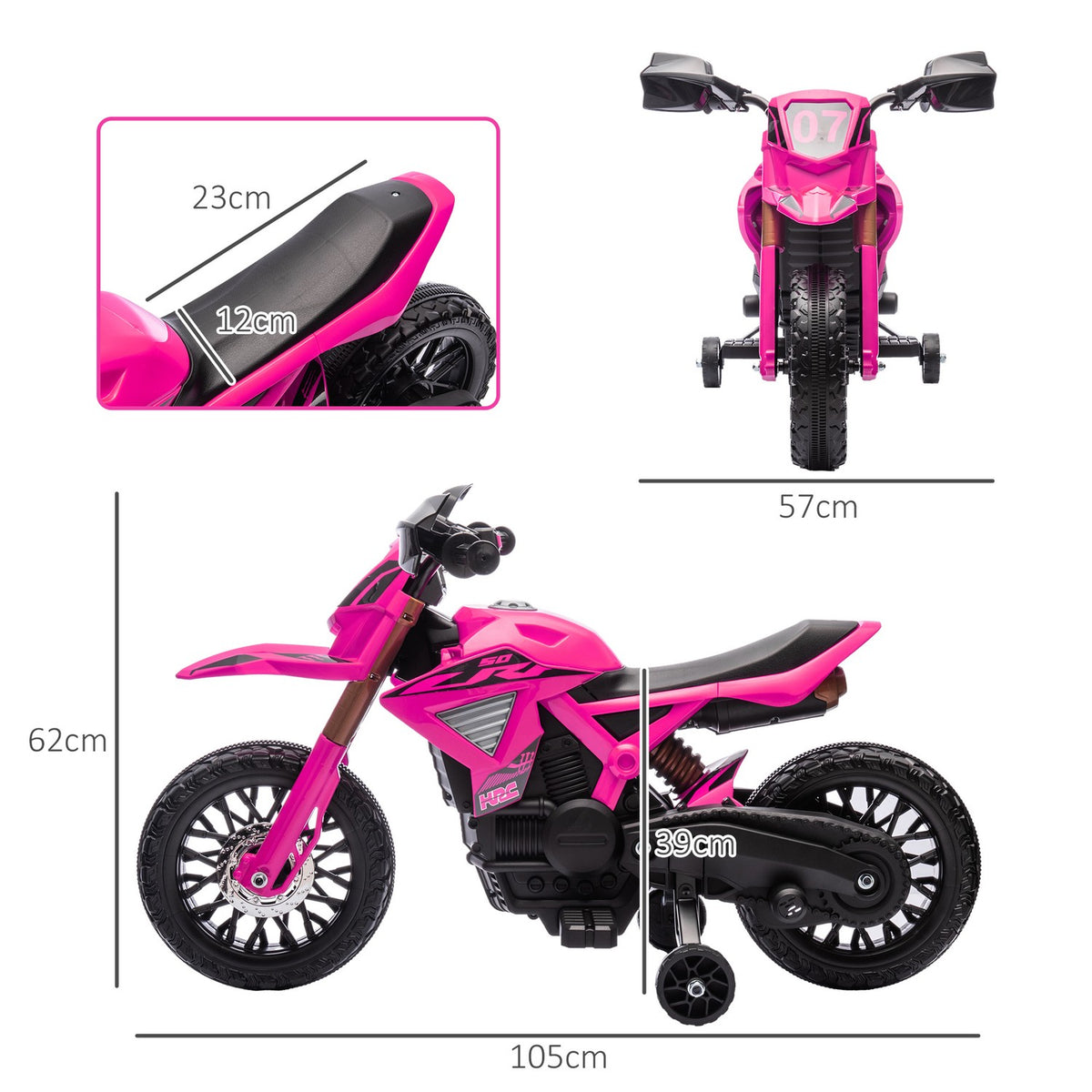 Kids' Electric Motorcycle, 12V, Pink, with Training Wheels