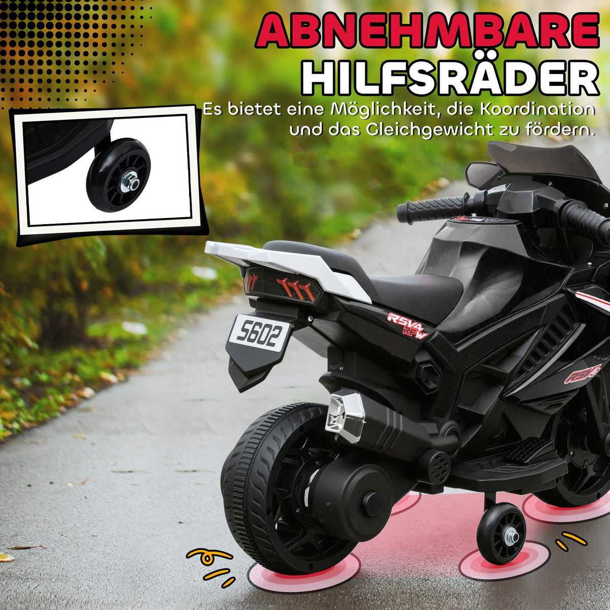 Kids Electric Motorcycle, Horn, Headlights, Music, Black