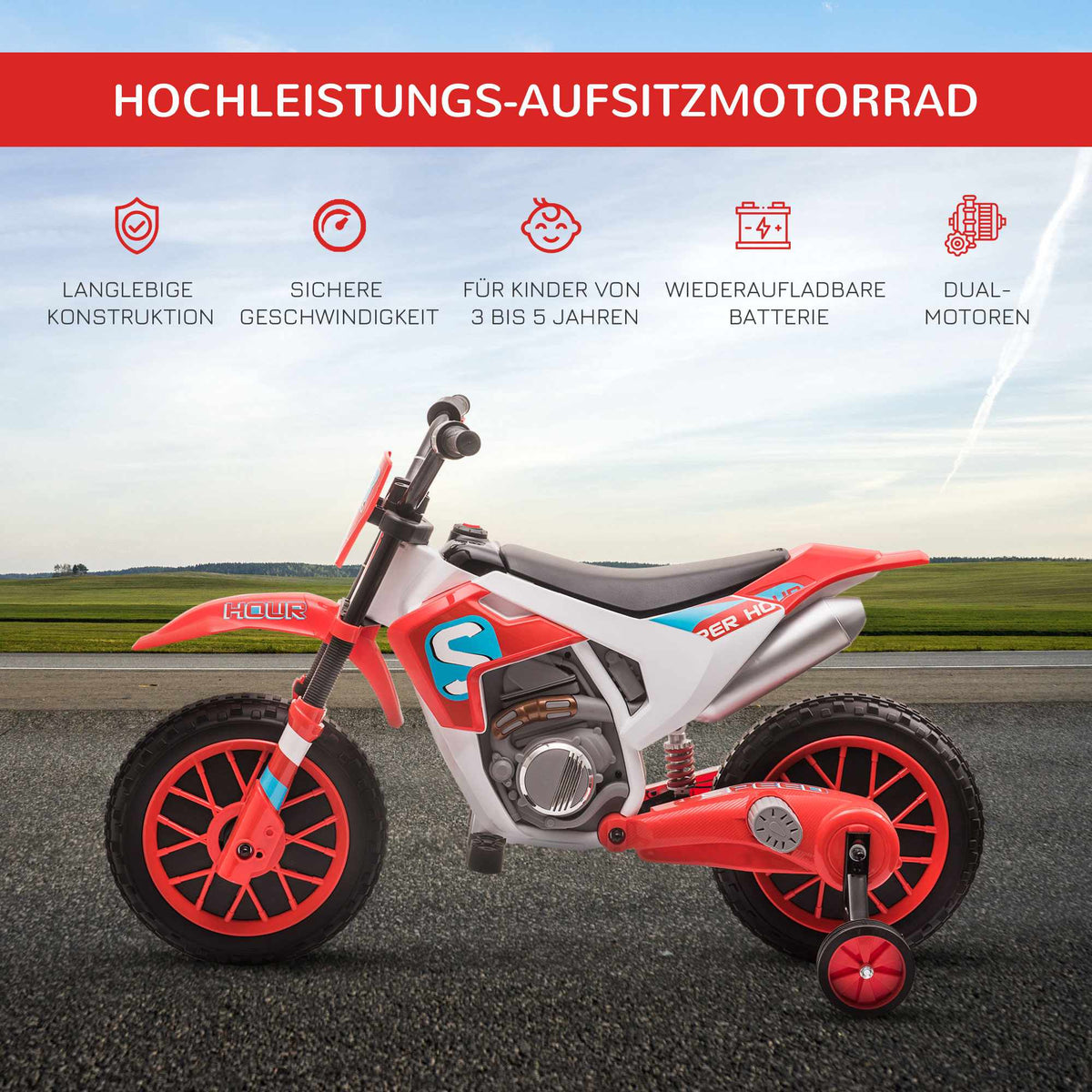 Kids' Electric Motorcycle, Red/White, 45 Min Ride Time