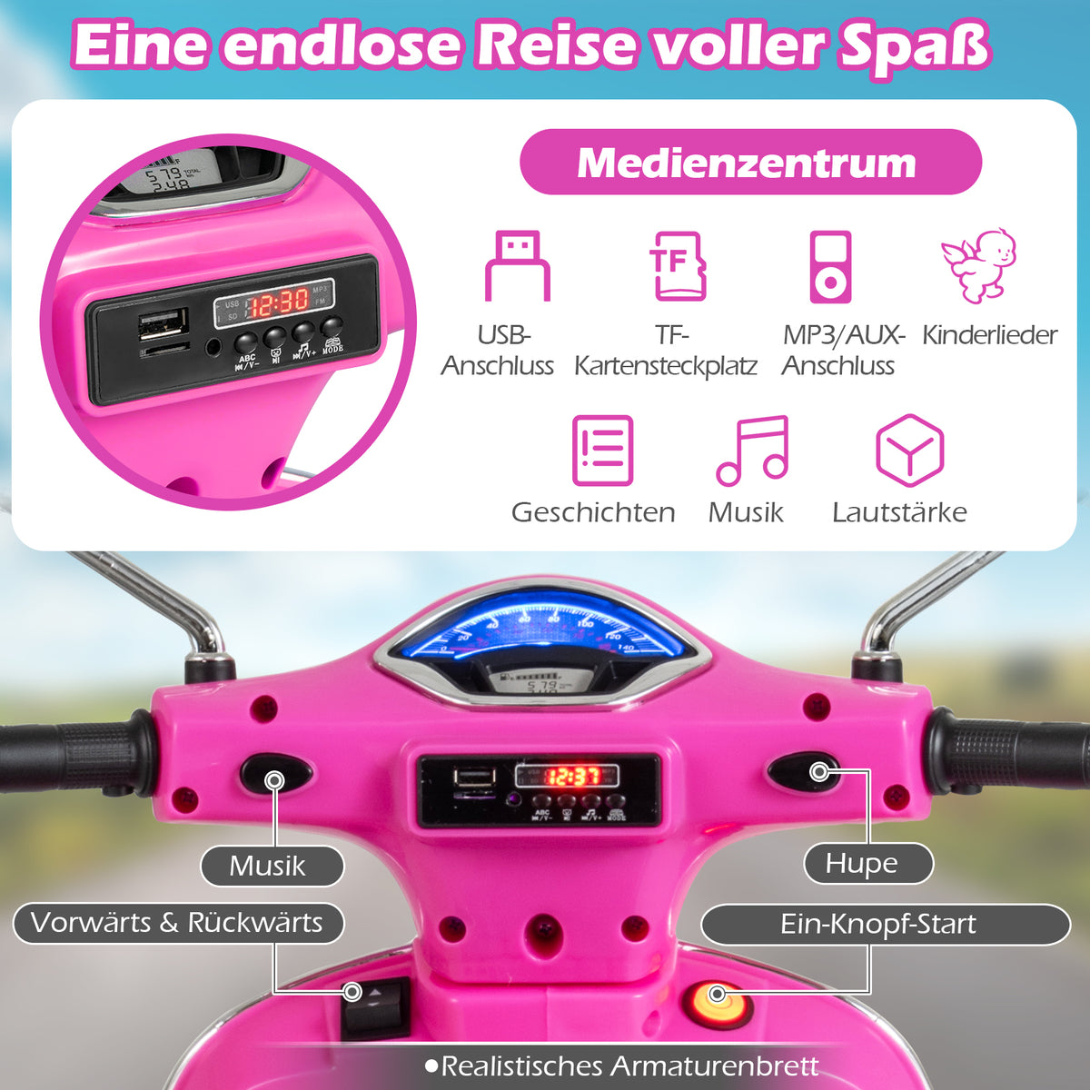 Kids Electric Motorcycle with LED Lights, Pink, Ages 3-6