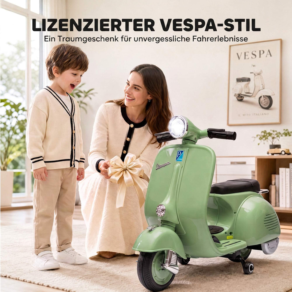 Kids Electric Motorcycle with Training Wheels, USB, Music