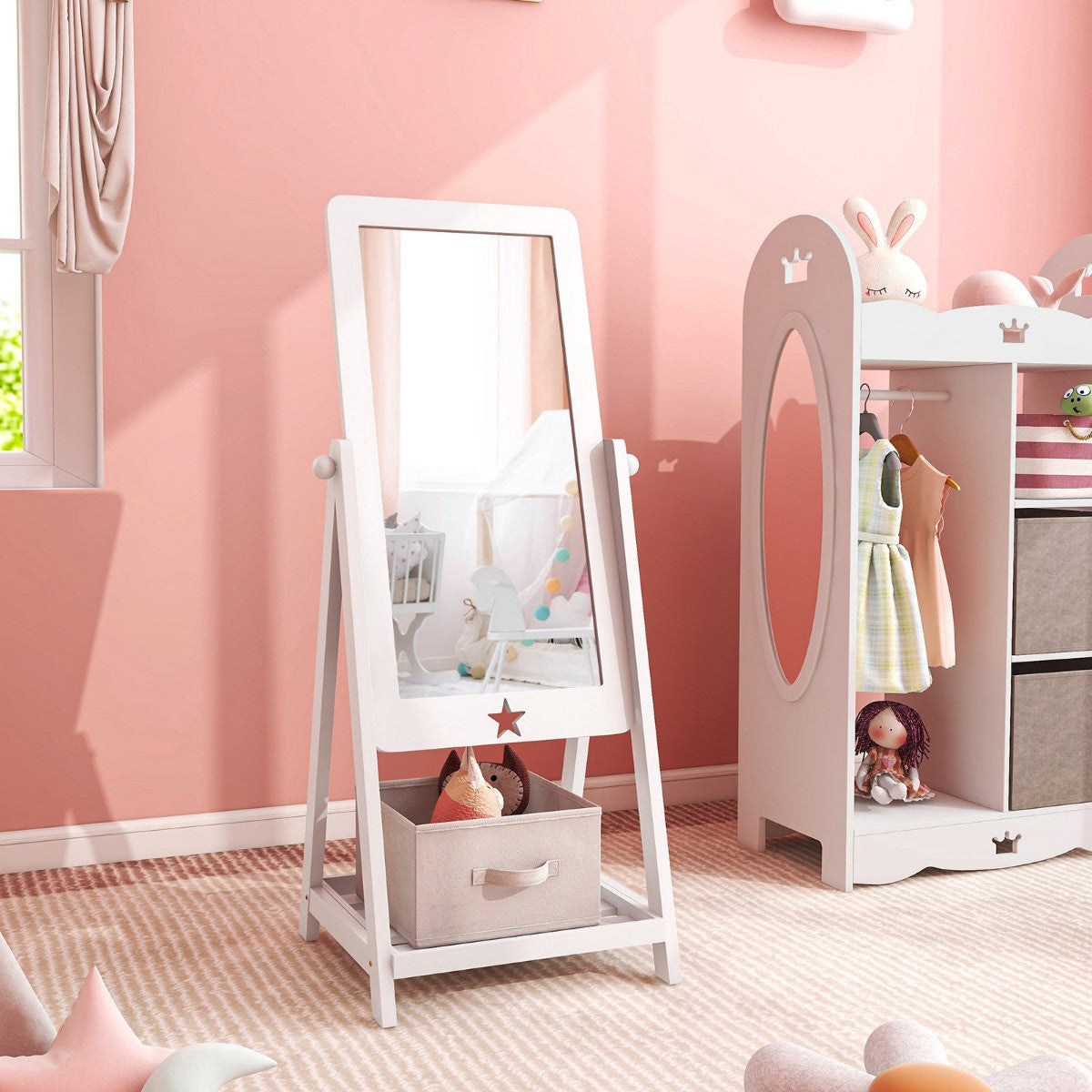 Kids Full-Length Standing Mirror – 360 Rotating, Storage Shelf