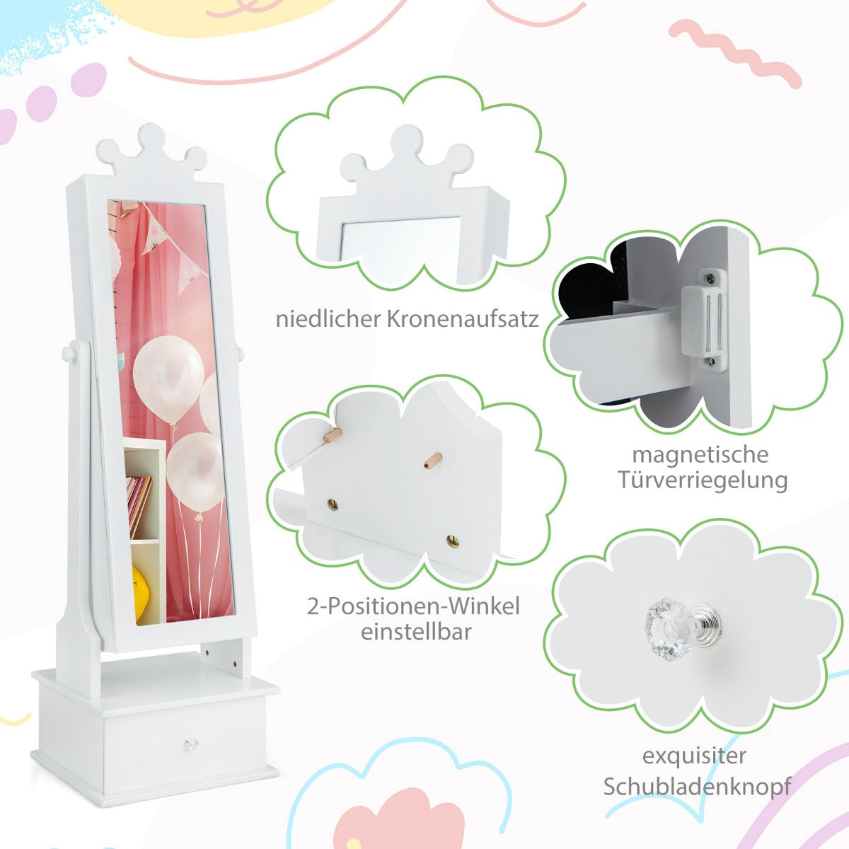 Kids Jewelry Armoire With Full-Length Mirror, Drawers, Pink/White