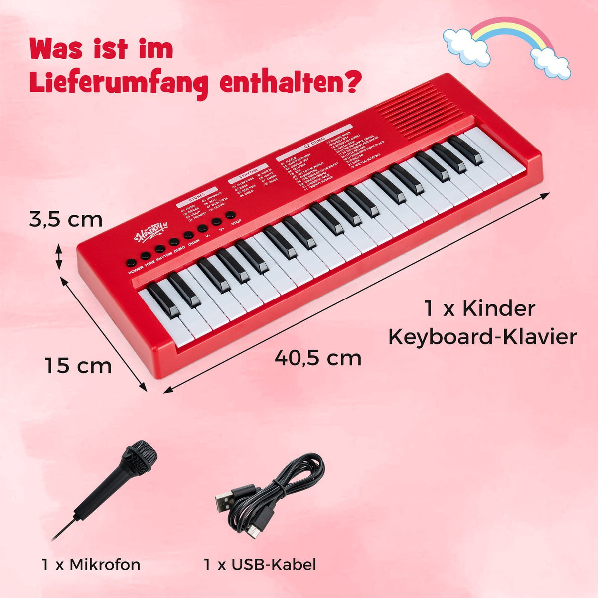 Kids Keyboard Piano, 37 Keys, 8 Rhythms, Red, with Mic